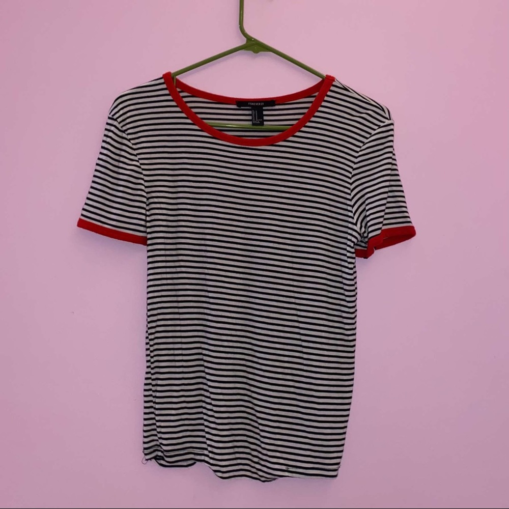 Forever 21 Striped Tee with Red Trim